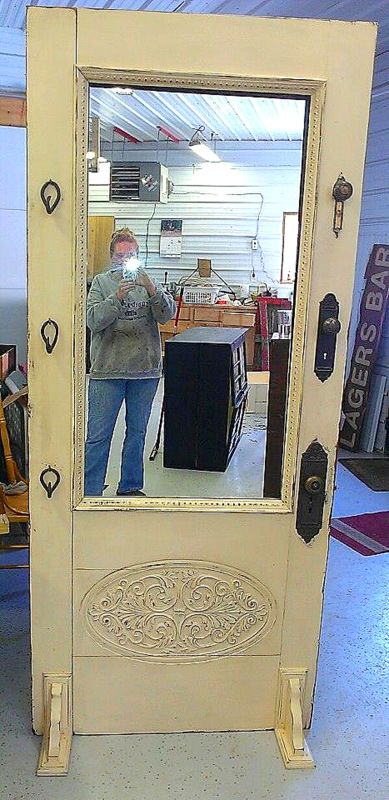 My Multi-Talented Junkin' Friend Jodi via OrganizedClutter.net Old Door Mirror, Old Door Tables, Old Door Projects, Recycled Door, Old Wood Doors, Doors Repurposed, Vintage Doors, Nail Swag, Old Door