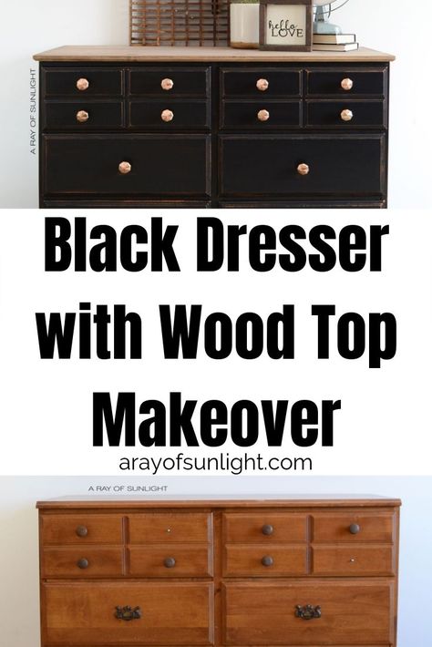 Black Dresser With Stained Top, Black Dresser With Wood Top, Diy Black Dresser, Black Dresser Diy, Black Dresser Makeover, Black Painted Dresser, Dresser With Wood Top, Black Painted Dressers, Paint A Dresser