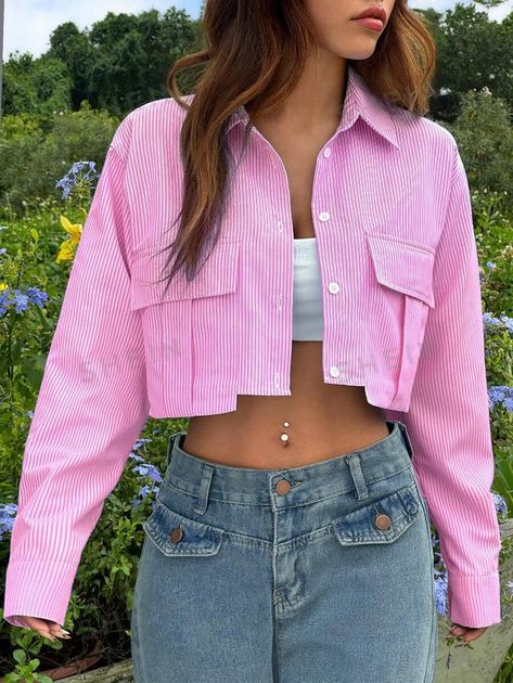 Details:Pocket \nType:Shirt \nSleeve Type:Regular Sleeve \nNeckline:Shirt Collar \nColor:Pink \nPattern Type:Plain \nSleeve Length:Long Sleeve \nLength:Crop \nFit Type:Loose \nFabric:Non-Stretch \nMaterial:Woven Fabric \nComposition:100% Polyester \nCare Instructions:Machine wash or professional dry clean \nPockets:No \nBody:Unlined \nSheer:No \n White Crop Shirt Outfit, White Cropped Shirt Outfit, White Crop Shirt, Overalls Fashion, Women Blouses, White Crop, Outfit Casual, Crop Shirt, Shirt Collar