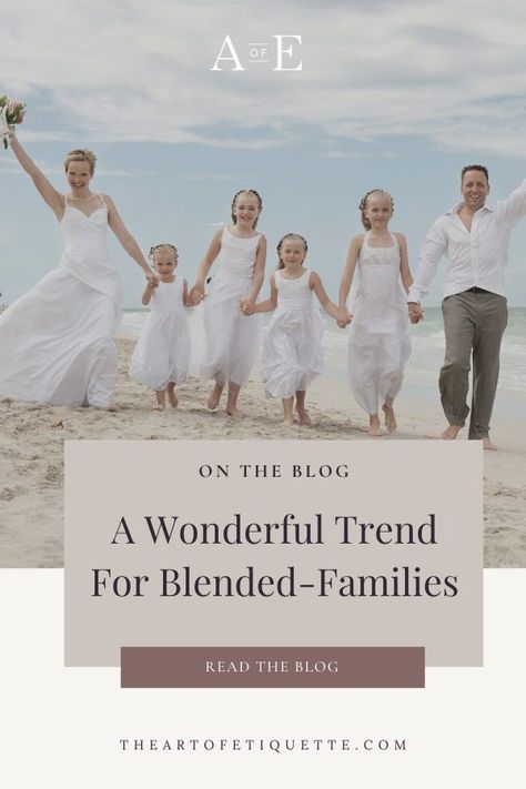 A Wonderful Tip for Blended Family Weddings | The Art of Etiquette | If this is your second wedding, you may be blending families together, making your union about more than just your twosome. This is a wonderful opportunity to include sentiments about how you’ll care for each other’s family as you come together. Whether your children are still young or grown, blending two families always brings unique challenges, but can create amazing meaningful opportunities. Read the blog for prompts! Blended Family Wedding Invitations Wording, Wedding Script For Blended Family, Blended Family Wedding Vows Children, Blended Family Christmas Card, Blended Family Wedding Invitations, Blended Family Wedding Ideas, Wedding Photos Blended Family, Blended Family Wedding Photos, Wedding Ideas Blended Family