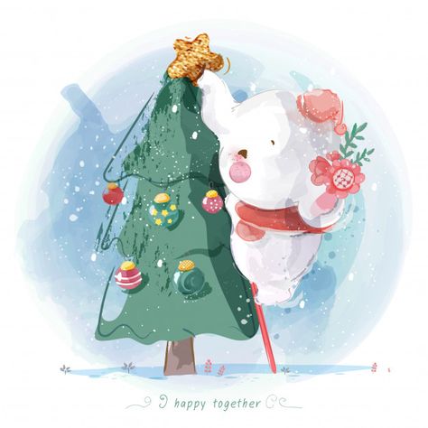 Christmas Illustration Watercolor, Doodle Animals, Baby Dumbo, Baby Animal Drawings, Christmas Elephant, Christmas Card Art, Portrait Cartoon, Cute Cartoon Images, Flower Watercolor