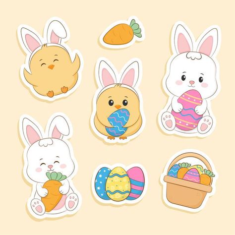 Kawaii Easter Bunny, Easter Stickers Aesthetic, Easter Cute Drawings, Easter Cartoon Drawings, Easter Stickers Free Printables, Easter Clipart Cute, Easter Kawaii, Cute Cartoon Stickers, Kawaii Easter