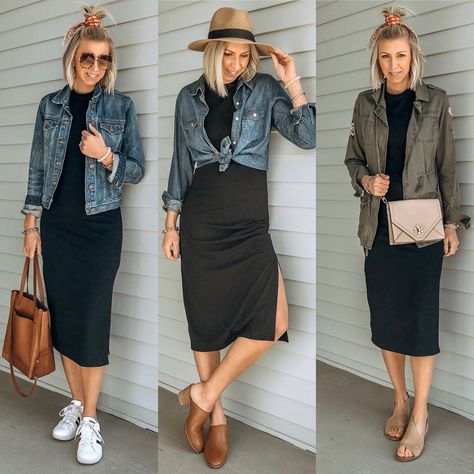 Wardrobe Basics: Black Midi Dress Styled 3 Ways - The Haute Homemaker Basic Black Midi Dress, Black Midi Dress Outfit, Black Midi Dress Casual, Mode Over 50, Black Dress Outfit Casual, Black Dress Style, Midi Dress Outfit, Midi Dress Style, Black Dress Outfits