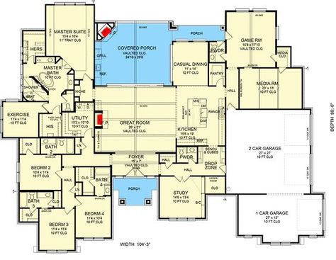 Craftsman-Style 4-Bedroom One-Story House With Dedicated Game and Media Rooms (Floor Plan) – OneHappyLemon Single Story House Floor Plans, Outdoor Living Porch, Mountain Craftsman, One Story House, Berry Patch, Garage Floor Plans, Canned Goods, Craftsman Home, Drop Zone