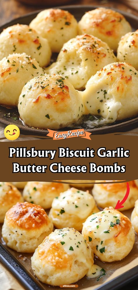 Explode your taste buds with Pillsbury Biscuit Garlic Butter Cheese Bombs. These fluffy biscuits are stuffed with cheese and coated in garlic butter, creating a mouth-watering appetizer or side dish that’s explosively delicious. #CheeseBombs #GarlicButter #PillsburyBiscuits Cheddar Bay Biscuit Appetizer, Pilsbury Biscuit Garlic Butter Cheese, Cheese Stuffed Biscuits Garlic Butter, Hoop Cheese Biscuits, Biscuit Cheese Bread, Biscuit Cheese Balls, Garlic Butter Cheeseburger Roll Ups, Biscuit Crumbs Recipes, Biscuit Cheeseburger