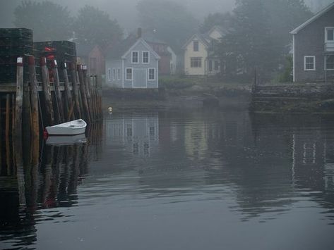 New England Fishing Village, The Silt Verses Aesthetic, Island Village Aesthetic, Fishing Village Aesthetic, Foggy Village, Houses On Water, New England Gothic, Dark Nautical, Fishing Aesthetic