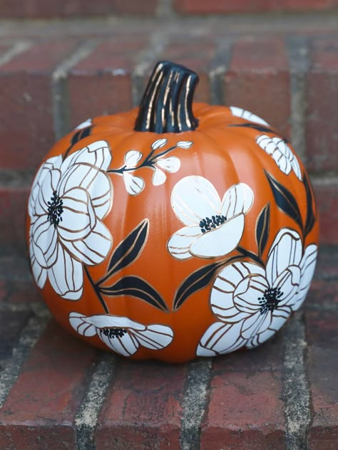 Flower Pumpkins Painting, Painted Orange Pumpkins, Painted Pumpkins Flowers, Pumpkin Painting Flowers, Pumpkin Painting Ideas Flowers, Foam Pumpkin Ideas, Flower Pumpkin Painting, Cute Pumpkin Painting Ideas Creative, Fall Pumpkin Painting Ideas