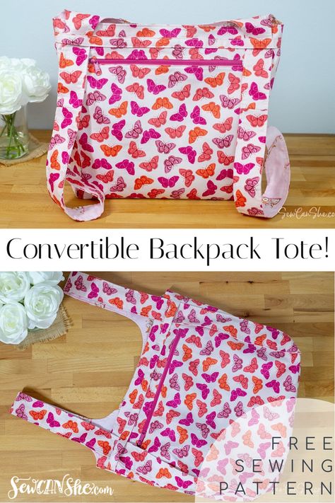 Sew A Convertible Backpack Tote - free sewing pattern! Backpack Pattern Sewing, Backpack Sewing, Convertible Backpack Purse, Tote Bag Tutorial, Backpack Tote, Fabric Sewing Patterns, Free Sewing Patterns, Free Sewing Pattern, Sew Ins