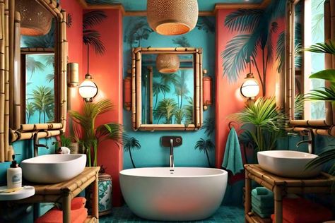 Miami Aesthetic Bathroom, Bathroom Tropical Design, Teal Boho Bathroom, Colourful Bathroom Tiles, Turquoise Bathroom Ideas, Bright Bathroom Ideas, Tropical Bathrooms, Parisian Style Bathroom, Eccentric Bathroom