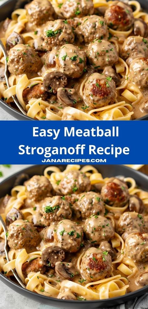 Looking for stroganoff recipes? This Meatball Stroganoff Recipe is ideal! It's one of the easiest ground beef recipes, perfect for dinner, combining meatballs and creamy stroganoff sauce for a tasty dish. Stroganoff Recipe With Meatballs, Meatball Mushroom Stroganoff, Meatball And Mushroom Recipes, Meatballs And Gravy Over Noodles, Crock Pot Meatball Stroganoff, Stroganoff Recipe Meatball, Beef Stroganoff Meatballs Crockpot, Pasta Meatballs Recipes, Ground Beef Sauce Recipes