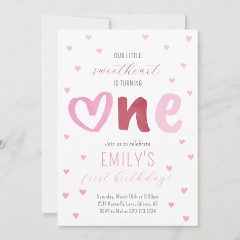 Little Sweetheart Pink Red Hearts 1st Birthday Invitation Zazzle Heart Themed 1st Birthday Party, Sweet One First Birthday Hearts, First Birthday In February Party Ideas, Heart Themed First Birthday Party, Valentines Themed First Birthday, First Birthday Heart Theme, Heart First Birthday Party, February First Birthday Themes, February Birthday Themes