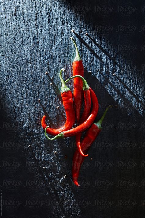 Red chilly pepper by Yaroslav Danylchenko for Stocksy United Chilly Pepper, Moody Food Photography, Vegetables Photography, Dark Food Photography, Fruit Photography, Still Life Photos, Spicy Food, Still Photography, Chilli Pepper