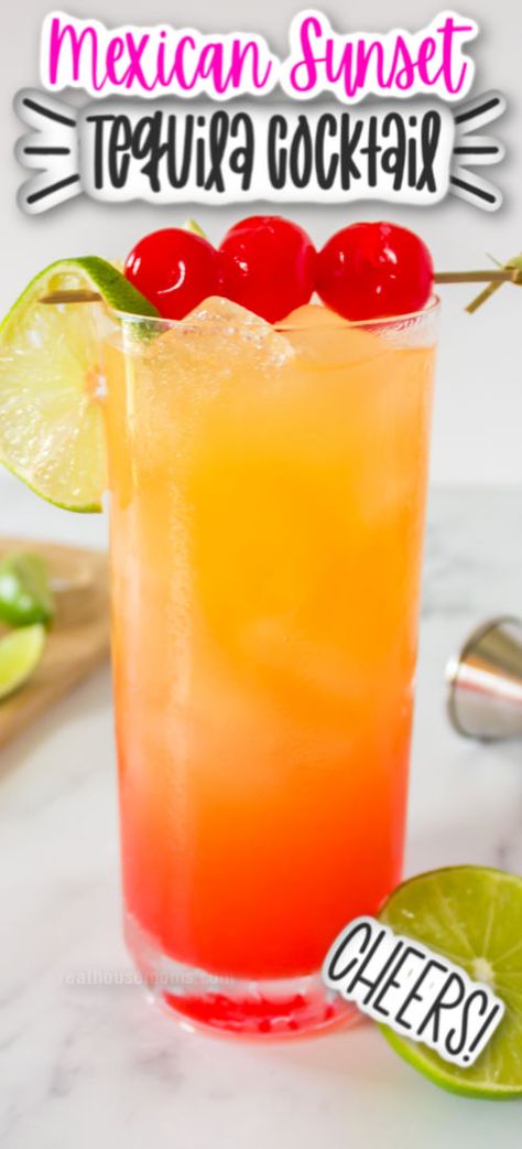 Mexican Sunrise Drink, Mexican Cocktails Alcohol, Vodka And Tequila Mixed Drinks, Mexican Sunset Cocktail, Taquilla Drinks, Patron Drinks Recipes, 1800 Tequila Drinks Recipes, Canning Cellar, Tequila Sunset Recipe