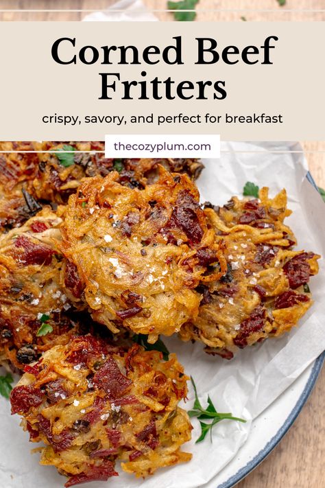 These easy corned beef fritters make a hearty breakfast of potatoes and corned beef. This old-fashioned dish doesn't use a flour batter, but instead just uses some cornstarch and egg to make very crispy fritters.  They are rich, salty, meaty fritters that are soft on the inside and crunchy on the outside. If you like corned beef hash, you will love this extra crispy version! Corn Beef Fritters Recipe, Corned Beef Breakfast Recipes, Corned Beef Fritters Recipe, Meaty Breakfast Ideas, Corn Meat Fritters, Meat Fritters, Ham Fritters, Corned Beef Breakfast, Pork Fritters