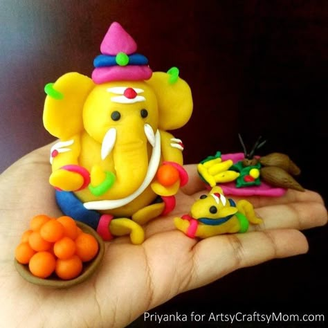 How to Make Clay Ganesha at Home - Ganesh Chaturthi Crafts and Activities to do with Kids - Make a Clay Ganesha, decorate, Ganesha's throne & umbrella, rangoli ideas, recipes, books and more Ganesh Making, Eco Friendly Ganesha, Clay Art For Kids, Activities To Do With Kids, Clay Ganesha, Ganesh Chaturthi Decoration, Ganapati Decoration, Clay Crafts For Kids, Happy Ganesh Chaturthi Images