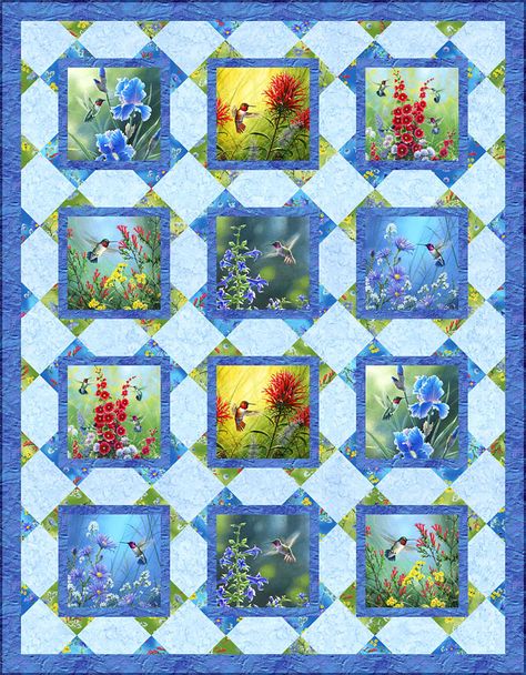 Free eQuilter Pattern – Hummingbirds are Free Novelty Print Quilt Patterns, Hummingbird Quilt Block Pattern Free, Hummingbird Quilt Pattern Free, Hummingbird Quilt Pattern, Hummingbird Fabric, Novelty Quilts, Hummingbird Quilt, Quilts With Panels, Quilt Patterns Easy