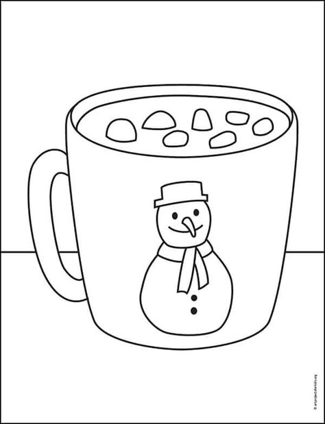 Easy How to Draw Hot Chocolate Tutorial and Coloring Page How To Draw Hot Chocolate, How To Draw A Mug, Hot Chocolate Coloring Pages, Hot Chocolate Drawing, Hot Chocolate Clipart, Hot Chocolate Art, Chocolate Drawing, Christmas Ornament Coloring Page, Mug Drawing