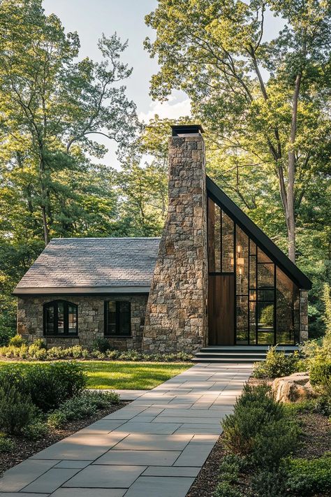 Stone And Wood House Exterior Modern, Mountain Home Design Exterior, Small Rustic House Exterior, Stone Houses Exterior, Rustic Modern Home Exterior, Nature House Architecture, Forest House Architecture, Mountain Cottage Exterior, Cabin House Exterior