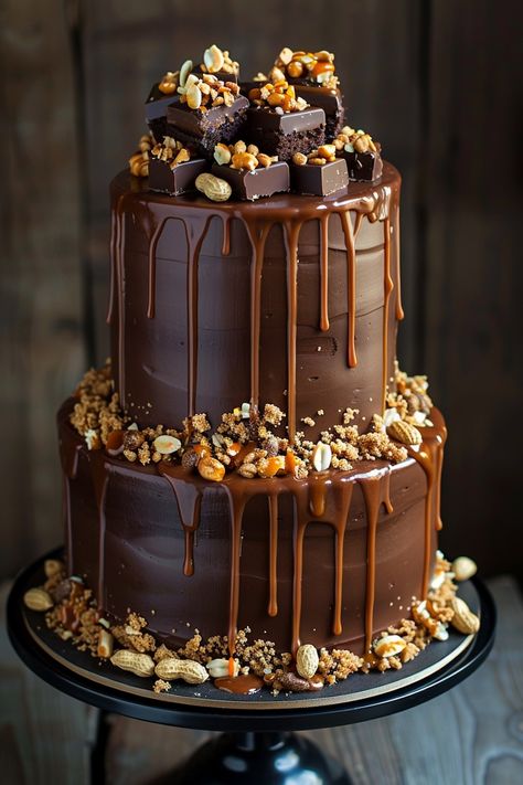 Decadent Delight: Snickers-Inspired Birthday Cake Thanksgiving Desserts Cake, Chocolate Extreme Birthday Cake, Snickers Cake, Triple Chocolate Cheesecake, Strawberry Icebox Cake, Pavlova Cake, Honey Cake Recipe, Fun Thanksgiving Desserts, Chocolate Cake Designs