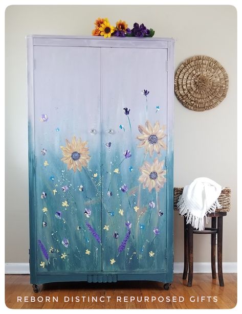 Cupboard Painting, Painted Closet, Vintage Armoire, Painted Armoire, Painted Cupboards, Diy Room Decor For Teens, Small Wardrobe, Cabinet Ideas, Forget Me Nots