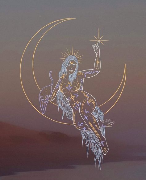 Leo Goddess Drawing, Celestial Woman Art, Plus Size Goddess Art, Lucia Dami, Goddess Silhouette, Ethereal Goddess, Divine Feminine Art, Goddess Moon, Gold Drawing