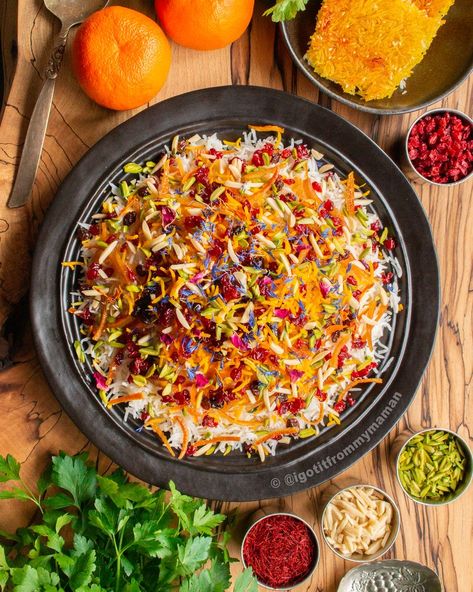 Morasa Polo Recipe - Persian Jewelled Rice — I got it from my Maman Persian Rice Tahdig, Sweet Rice Dishes, Authentic Persian Recipes, Morasa Polo, Jewel Rice, Jewelled Rice, Foul Recipe, Fancy Rice, Autumn Lunch