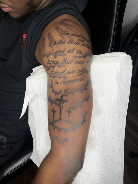 Cool And Unique Tattoos, Scripture Tattoos For Men Shoulder, Bible Verse Tattoos For Men Shoulder, Bible Verse Tattoos For Men Forearm Scriptures, Christian Arm Tattoo Men, Big Christian Tattoos, God Tattoos For Men Jesus, I Can Do All Things Through Christ Tattoo, Faith Tattoo Men