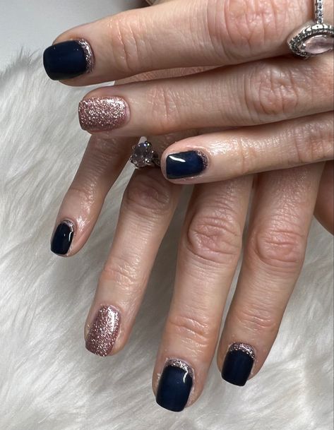 Navy And Rose Gold Nails, Navy And Gold Nails, Rose Gold Gel Polish, Champagne Nails, Navy Nails, Shellac Manicure, Glitter Accent Nails, Rose Gold Dress, Bridesmaid Ideas