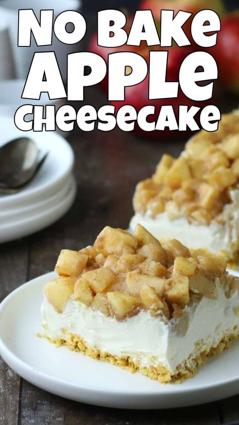 No Bake Apple Cheesecake No Bake Apple Cheesecake, Easy Apple Cheesecake, Baked Apple Cheesecake, Holiday Dessert Drinks, Gluten Free Caramel Apples, Apple Cheesecake Recipes, Recipe Using Apples, Apple Pie Cheesecake, Easy Sweets