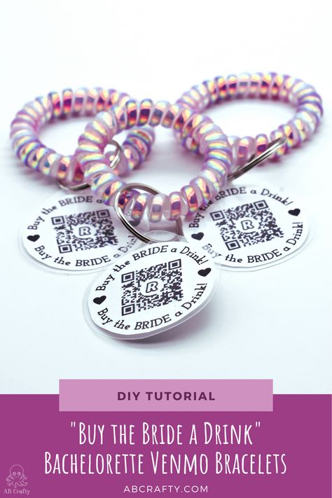 3 finished pink buy the bride a drink venmo bracelets with the title "DIY tutorial buy the bride a drink bachelorette venmo bracelets, abcrafty.com" Venmo Qr Code Bachelorette, Bachelorette Qr Code Bracelet, Venmo For Bachelorette Party, Bachelorette Venmo Qr Code, Buy The Bride A Drink Qr Code, Bachelorette Qr Code Ideas, Bachelorette Buy The Bride A Drink, Qr Code Bracelet, May Bachelorette Party Ideas