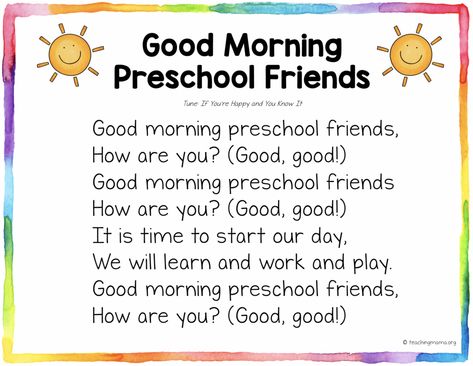 Good Morning Song for Preschool All About Me Preschool Songs, Good Morning Preschool Songs, Preschool Morning Greetings, Morning Songs Preschool, Good Morning Circle Time Songs, Preschool Good Morning Songs, Preschool Morning Circle, Good Morning Songs For Preschool, Circle Time Ideas For Preschool