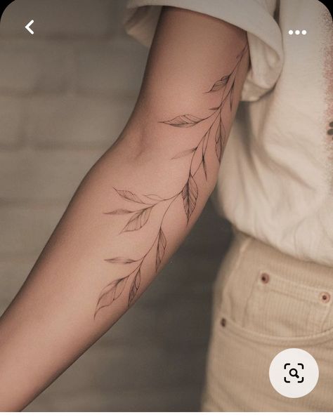 Floral Shoulder Tattoo, Fine Line Tattoo Designs, Line Tattoo Designs, Fine Line Floral, Brown Tattoo Ink, Leaves Tattoo, Around Arm Tattoo, Fine Line Tattoo, Hand Tattoos For Women