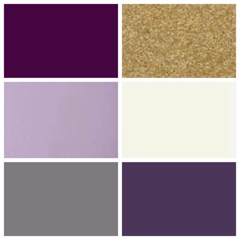 C&J wedding color palette: plum, lilac, gray, gold, cream, eggplant Purple Grey Gold Bedroom, Plum And Cream Bedroom, Purple Gold Color Scheme, Lilac And Gold Color Palette, Purple Gray And Gold Bedroom, Plum And Gold Color Palette, Eggplant Colour Palette, Plum Mood Board, Purple And Gold Color Scheme