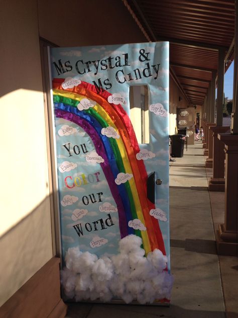 Cloud Door Decorations Classroom, Rainbow Theme Classroom Door Decorations, Rainbow School Door, Rainbow Door Classroom, Rainbow Door Decor, Classroom Door Ideas Rainbow, Classroom Door Rainbow, Pride Door Decorating, Rainbow Door Decoration