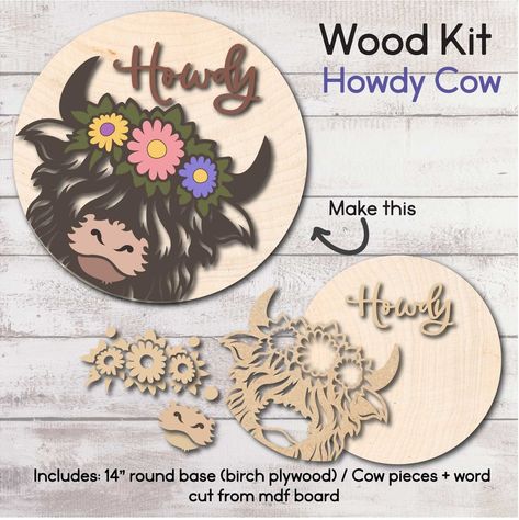 Every guest needs a friendly "howdy" from this adorable cow. This do-it-yourself kit comes with all the pieces to make this cute door hanger. Paint it or stain it; glue it together and hang on your door! Guaranteed to make you smile each time you see it.⁠ ⁠ This kit includes a wood round made from birch plywood (14 inch wide 1/4" thick) and all the cow pieces are cut using MDF board (1/8" thick). ⁠ #wallcutz⁠ #woodkits⁠ #doorhanger⁠ #Seasonalcrafts⁠ #DIYgifts⁠ ⁠ Stencils are a great way to gi... Wecreat Vision, Tape Face, Engraving Projects, Selling Crafts, Glow Forge, White Chapel, Laser Cut Wood Crafts, Cnc Woodworking, Laser Projects