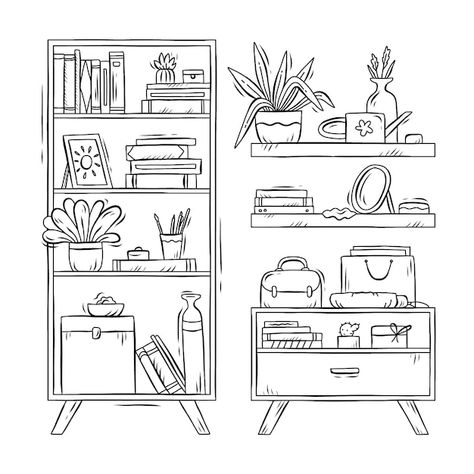 Books On Shelf Doodle, How To Draw Bookshelf, Bookshelf Doodle, Shelf Sketch, Shelf Illustration, Bookshelf Illustration, Draw Furniture, Shelf Drawing, Desain Pantry