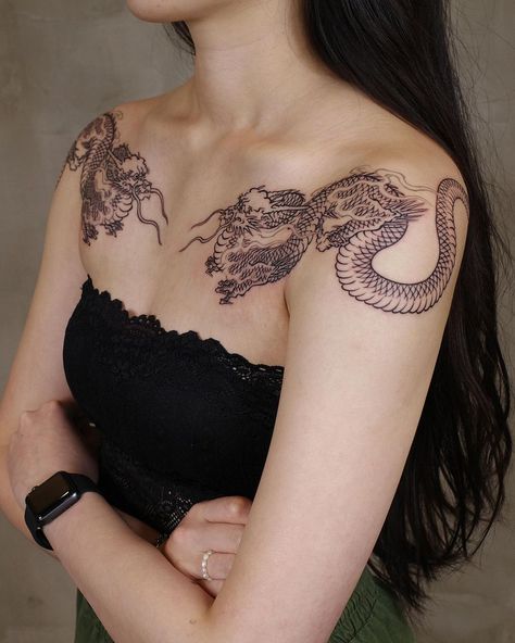 Double Headed Dragon Tattoo, Chinese Dragon Chest Tattoo, Double Dragon Back Tattoo, Lion Rampant Tattoo, Dragon Tattoo For Women Chest, Chest Tattoo Female Dragon, Chest Tattoo Dragon, Chest Dragon Tattoo, Dragon Chest Tattoo Female