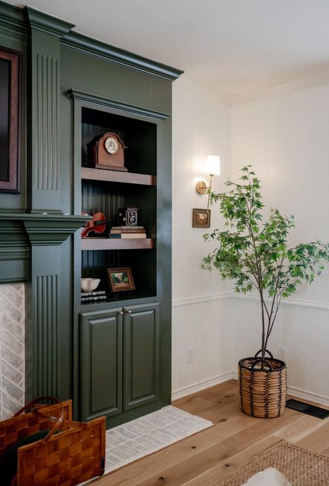 Living Room Design - Vintage Vogue Green - Green Paint Color - Built Ins - Wood Floors - FHL Painted Cabinets Living Room Built Ins, Paint Built Ins, Dark Green Built Ins Living Room, Green Painted Built Ins, Green Painted Bookshelves, Vintage Built Ins, Built In Color Ideas, Dark Green Built Ins, Green Built In Bookshelves