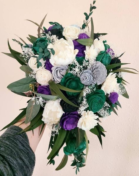 Green and Grey Cascade Bouquet, Emerald and Purple Cascade, Greenery Bouquet with Wood Flowers, black flowers by MyDinosaurDreams on Etsy Emerald And Dark Purple Wedding, Purple Green Bouquet, Black Purple Green Wedding Color Schemes, Royal Purple And Green Wedding Theme, Purple And Green Bouquet Wedding, Emerald Green Purple Gold Wedding, Purple And Green Themed Wedding, Hunter Green And Purple Wedding, Purple And Green Wedding Bouquets