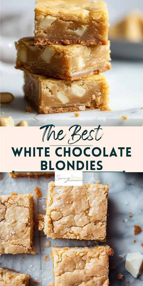 This white chocolate blondie recipe is your go-to for easy dessert bars that come together in just one bowl. Made with only 6 ingredients, it turns simple pantry staples into a decadent treat. Perfect for a quick and delicious baking experience, these blondies are the epitome of effortless indulgence. Blondie Dessert Recipes, Blondie White Chocolate, Blondies With White Chocolate Chips, Easy Dessert Bakes, Simple Backing Ideas, Classic Blondies Recipe, Blondies Recipe Applebees, White Chocolate Blondie, White Chocolate Chip Dessert Recipes