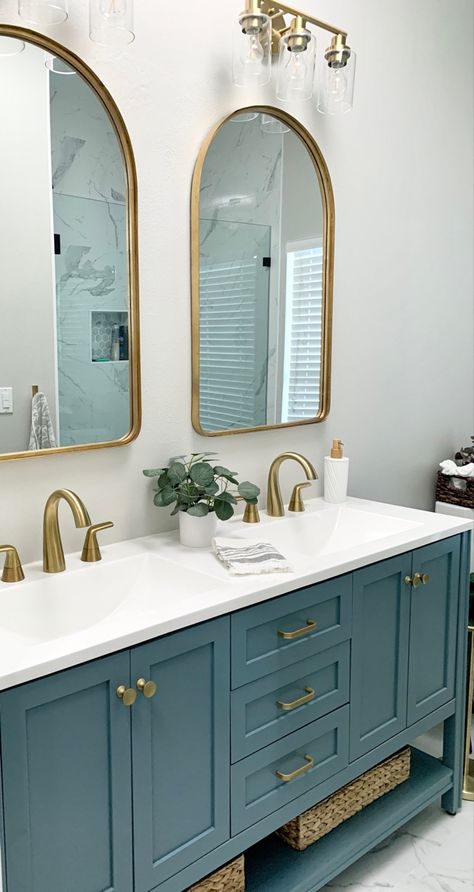 #bluevanity #bathroomreno bathroom decor, gold faucets, bathroom redo Blue Bathroom Asethic, Aqua Vanity Bathroom, Bright Bathroom Cabinets, Sea Glass Bathroom Vanity, Royal Blue Bathroom Vanity, Coastal Bathroom Gold Hardware, Teal Blue Bathroom Vanity, Aqua Blue Bathroom Vanity, Bathroom Vanity Ideas Gold Hardware