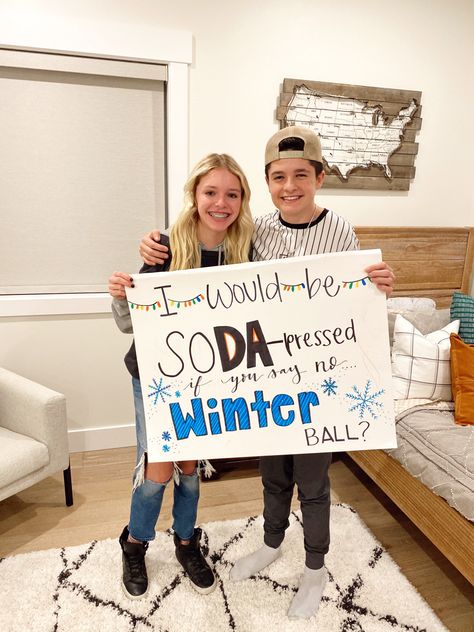 Girl asking a boy to a high school dance using a poster. Ways To Ask Guys To A Dance, Winter Ball Sign Ideas, Winter Posters School, How To Ask A Guy To Sadies, Winter Dance Responses, Promposal Ideas For Friends Guys, Fall Dance Asking Ideas, Cute Ways To Ask Someone To Winter Formal, Signs To Ask A Guy To A Dance