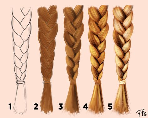 These are the steps I take when painting a braid. A fully narrated video tutorial about painting this braid is available at Patreon. How To Color Braids Digital, Painting Braided Hair, Hair Texture Painting, Braided Hair Painting, How To Paint Braided Hair, Braids Digital Art, Painting Braids, Painting Hair Acrylic, Braided Drawing