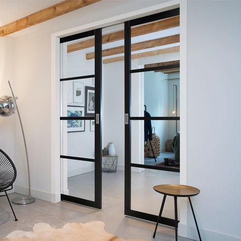 Beautiful Industrial style bespoke pocket doors with a steel look but with the warmth of wood, perfect for a loft or warehouse conversion. #industrialstyle #pocketdoors #bespokedoors Room Dividing, Double Pocket Door, Victorian School, Crittal Doors, Double Pocket Doors, Glass Pocket Doors, Internal Glass Doors, Internal Sliding Doors, Living Tv