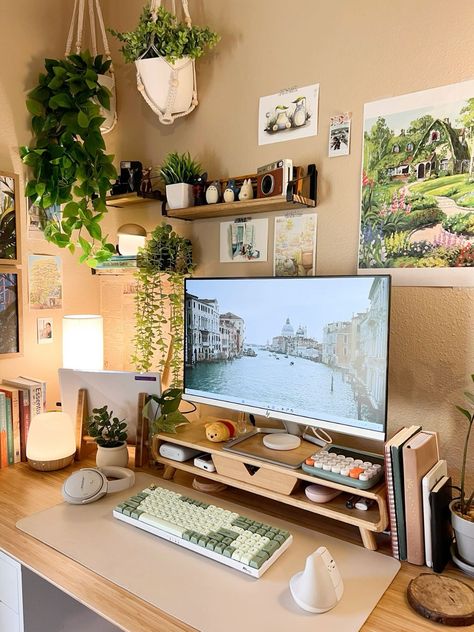 Two Desktop Setup, Cozy Study Room Aesthetic, Classy Desk Setup, Cozy Desk Setup For Small Spaces, Desk Setup Laptop And Monitor, Study Desk Organization Aesthetic, Desk Room Ideas Decor, Bedroom With Workspace, Simple Gaming Setup