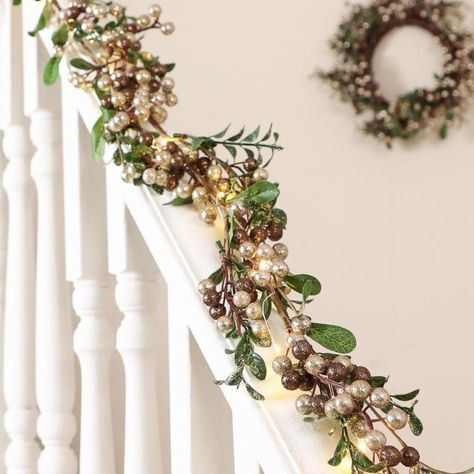 Pre Lit Christmas Garland, Wooden Mantelpiece, Cascade Lights, Pre Lit Garland, Cute Christmas Decorations, Artificial Christmas Garland, Staircase Wall, Artificial Foliage, Boho Christmas