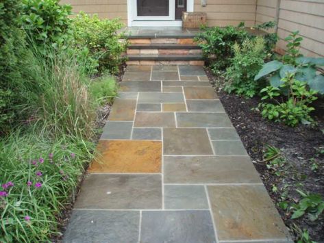 Bluestone Walkway with Front Door Entrance Garden Walkway Ideas, Walkway Design Ideas, Blue Stone Patio, Bluestone Walkway, Outdoor Tile Patio, Stone Patio Designs, Front Yard Walkway, Pathway Ideas, Stone Porches