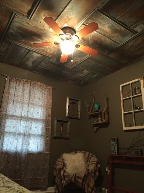 Metal ceiling. Earthy room. Repurposed items. Tile Ceiling Ideas, Tin Ceiling Ideas Rustic Bathroom, Tin Ceiling Tiles Repurposed Diy Craft Projects, Old Tin Ceiling, Antique Tin Ceiling Tiles Repurposed, Earthy Room, Tile Ceiling, Tin Ceiling Tiles Ceilume, Rustic Tile