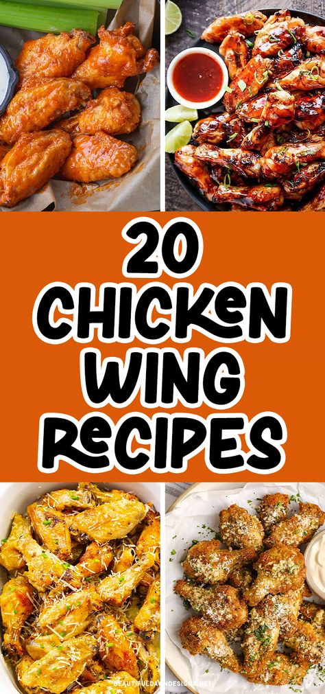 "Looking for crowd-pleasing chicken wing recipes? Look no further! From spicy buffalo wings to tangy teriyaki, we've got 20 mouthwatering recipes that will leave your guests craving for more. Whether you're hosting a game night or a backyard BBQ, these wings are sure to be a hit! You'll find Sticky Thai Chicken Wings, Garlic Parmesan Wings, Crock Pot Chicken Wings, and Crispy Buffalo Wings. Jack Stack Fire Kissed Wings Recipe, Party Wing Recipes, Chicken Wing Flavor Ideas, Winglets Recipes, Dry Rub Chicken Wings In Oven, Chicken Wings Honey Garlic, Naked Chicken Wings, Chicken Wings Garlic Parmesan, Wings Honey Garlic