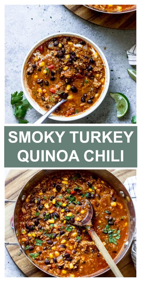 Turkey quinoa chili with loads of veggies, quinoa, and spices. It's so easy to make and freezes well too! Turkey Quinoa Chili Crockpot, Turkey Quinoa Chili, Chili With Quinoa, Quinoa Chilli, Turkey Quinoa, Stovetop Chili, Meat Soup, College Recipes, Asian Vegetarian Recipes